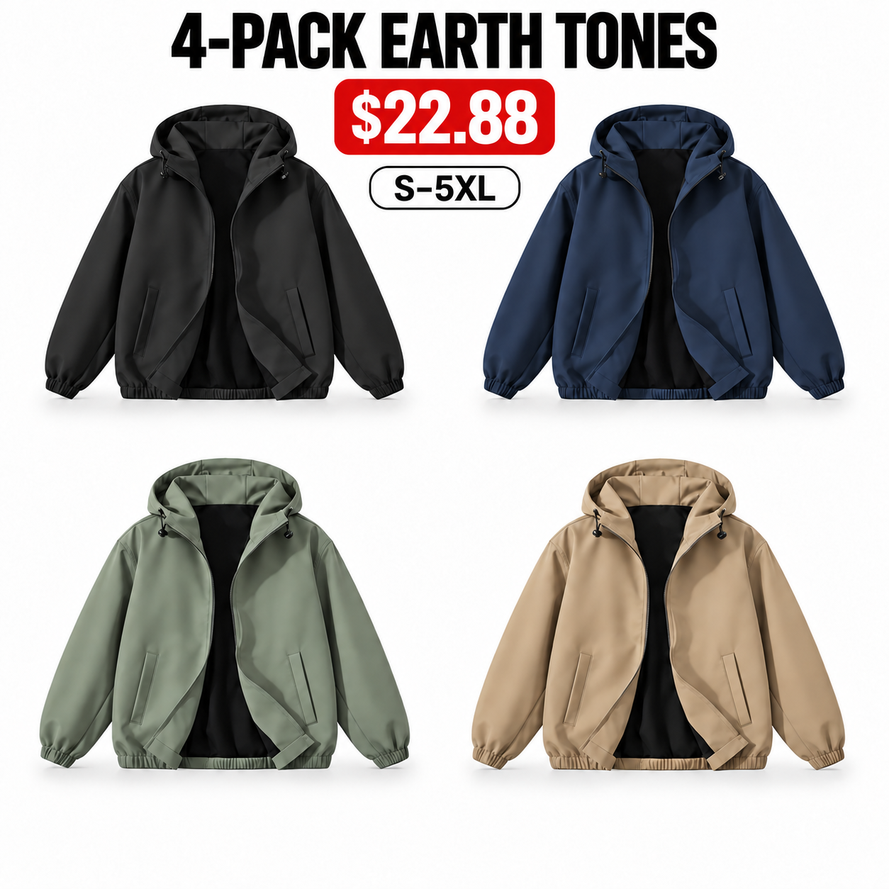 4-Pack Earth Tones unisex lightweight hooded windbreakers
