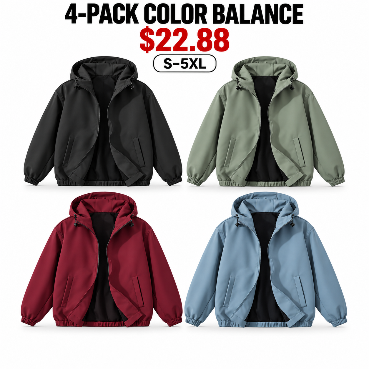 4-Pack Color Balance unisex lightweight hooded windbreakers