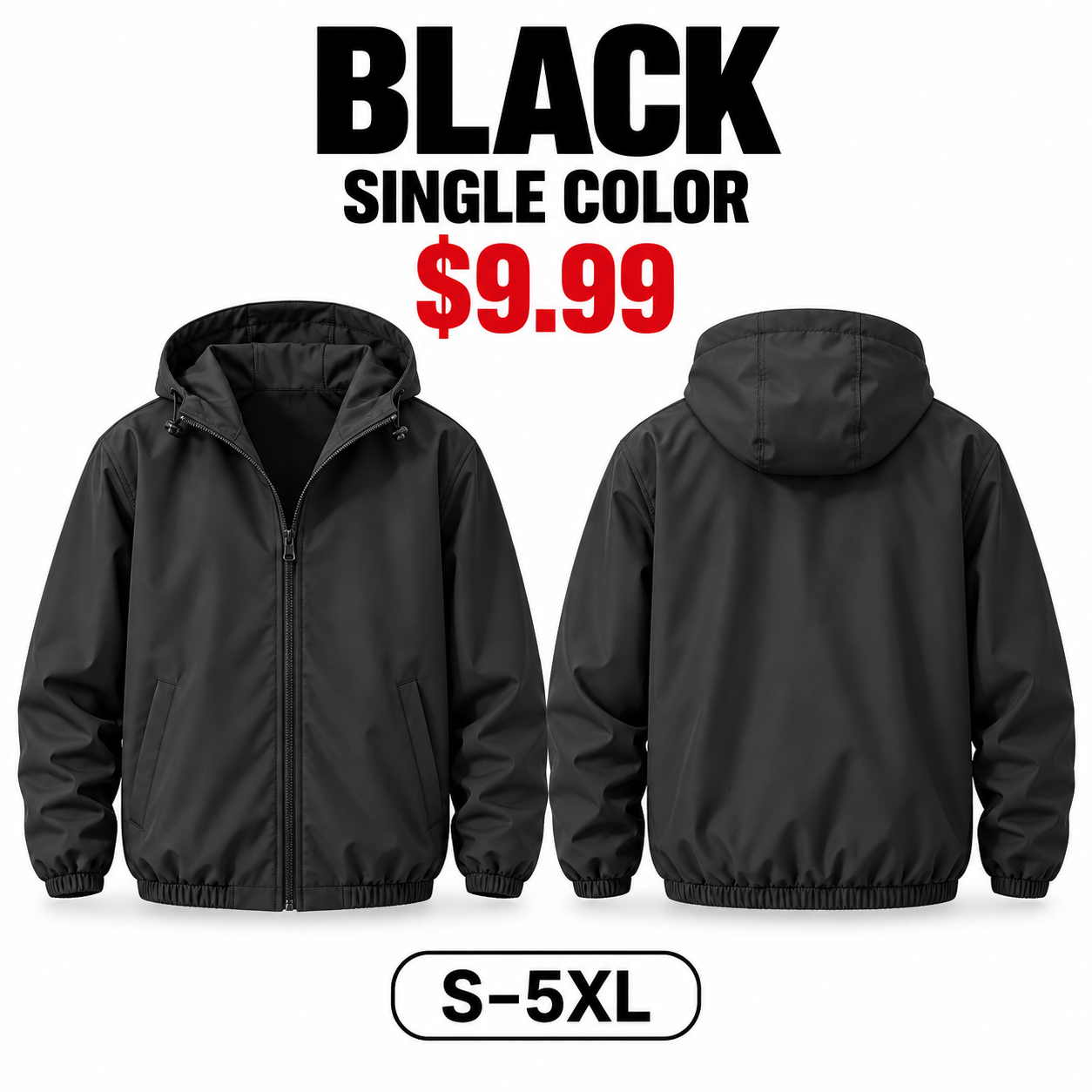 Single Black unisex lightweight hooded windbreaker front and back