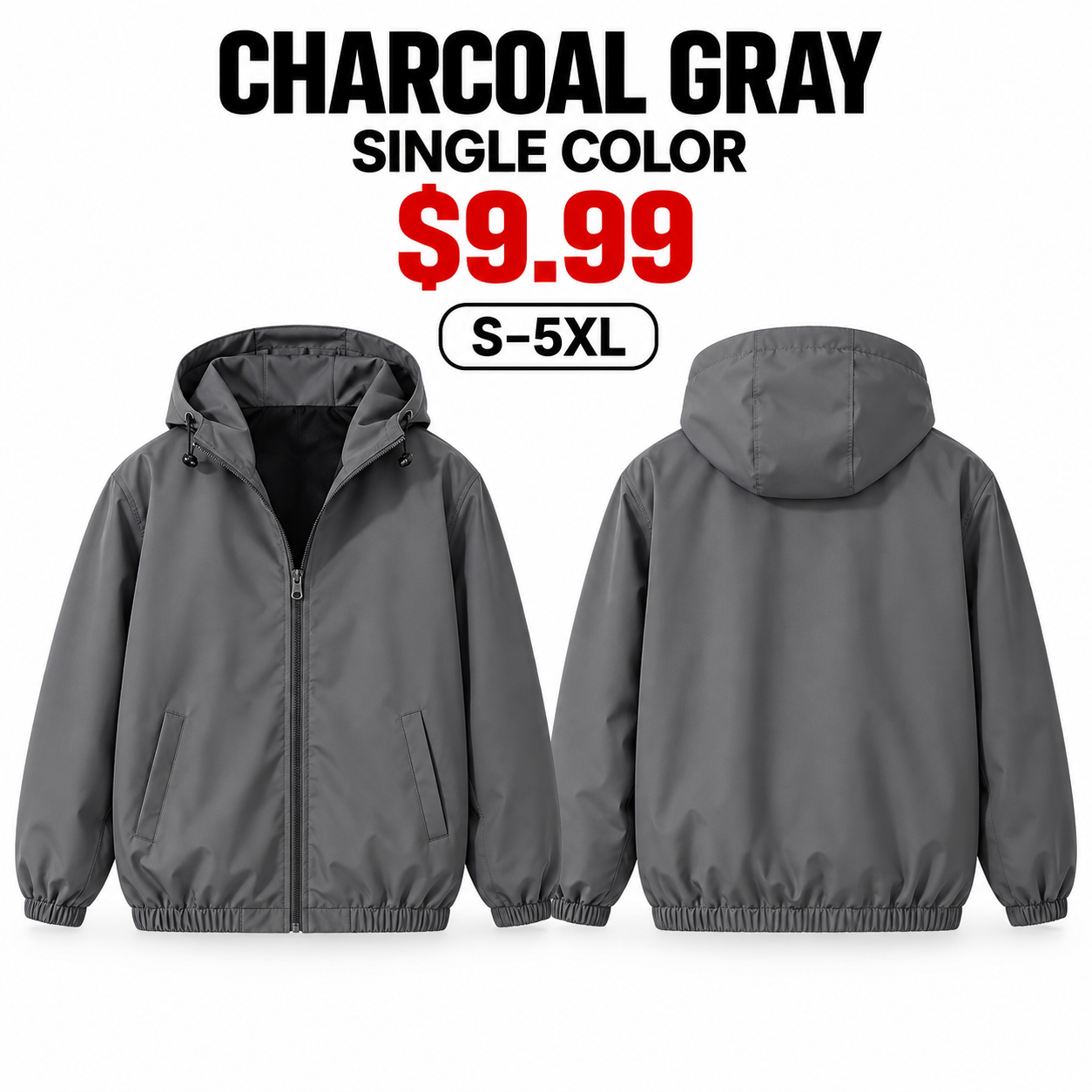 Single Charcoal Gray unisex lightweight hooded windbreaker front and back