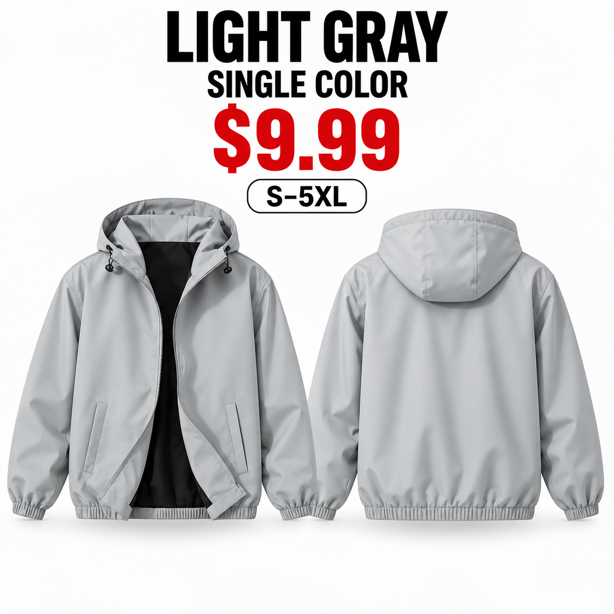 Single Light Gray unisex lightweight hooded windbreaker front and back