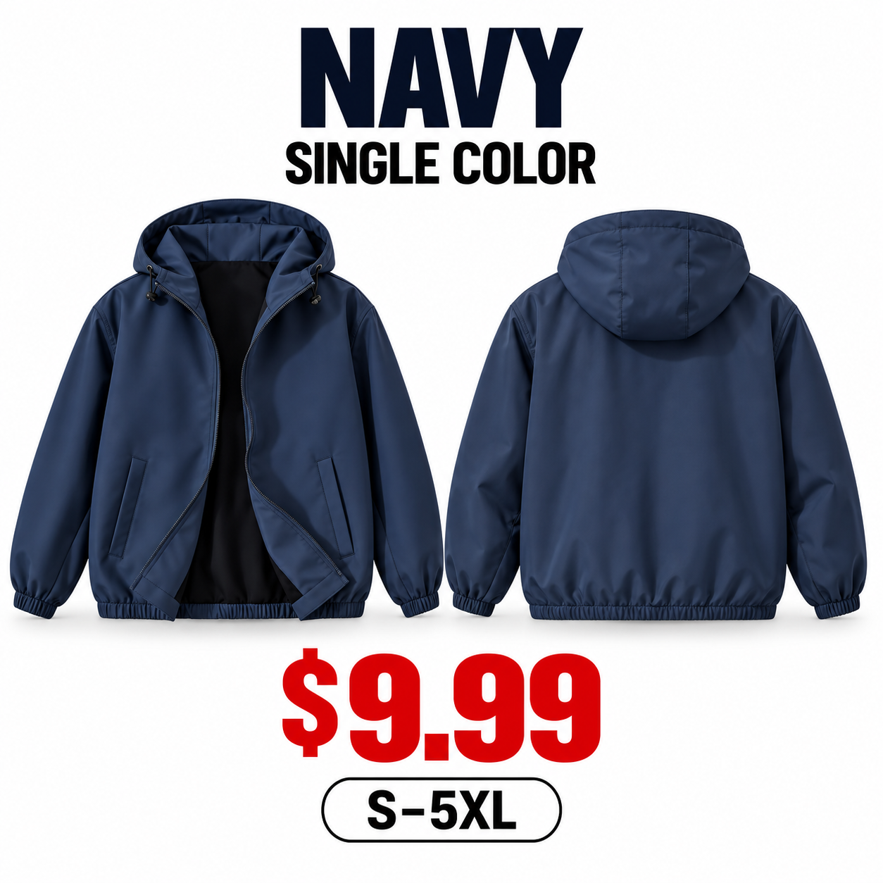 Single Navy unisex lightweight hooded windbreaker front and back