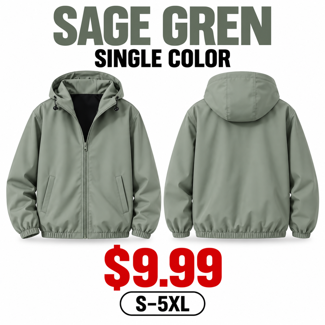 Single Sage Green unisex lightweight hooded windbreaker front and back