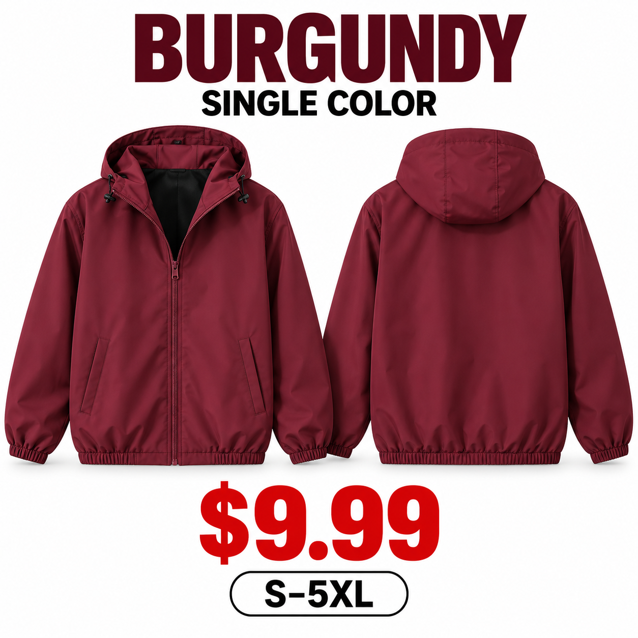 Single Burgundy unisex lightweight hooded windbreaker front and back
