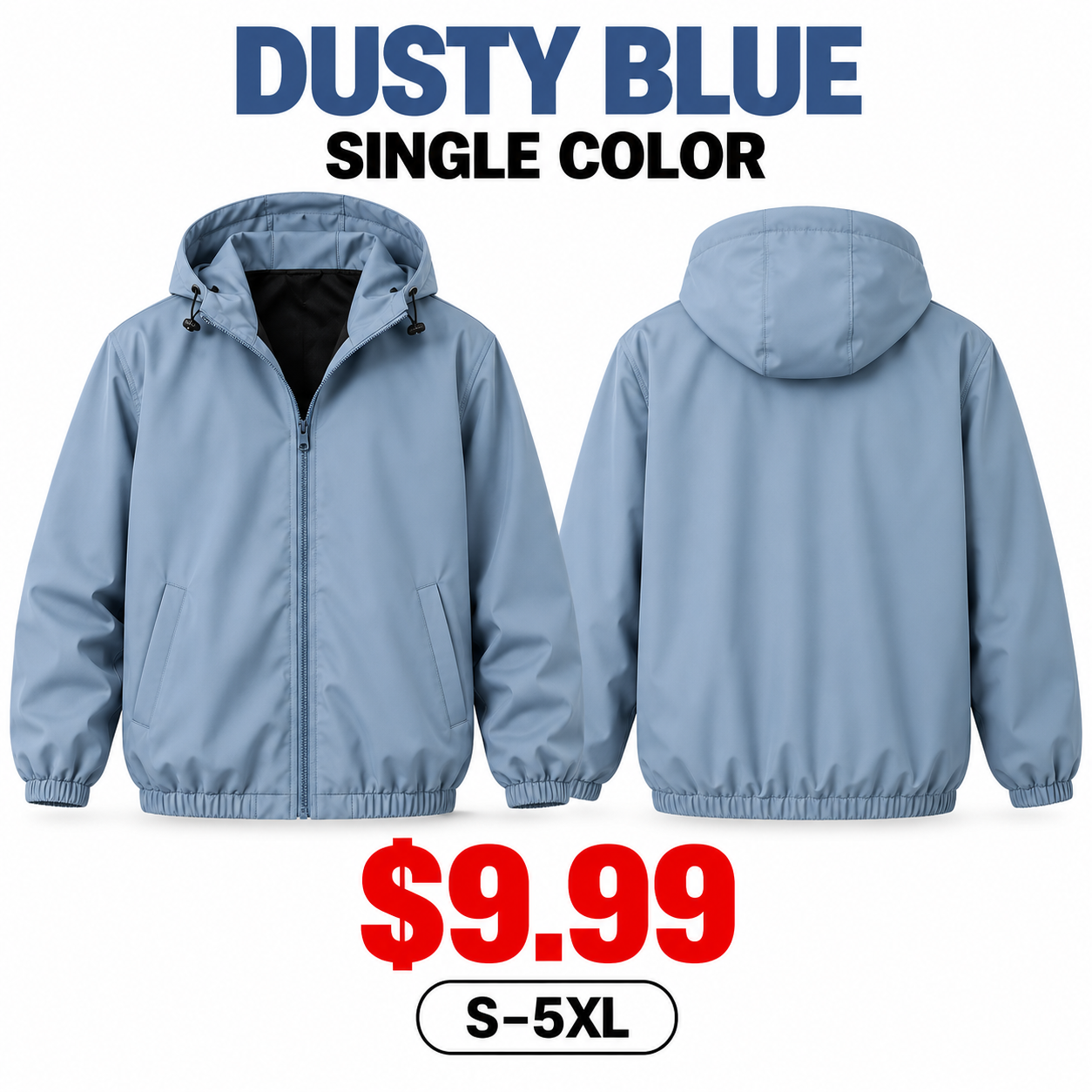 Single Dusty Blue unisex lightweight hooded windbreaker front and back