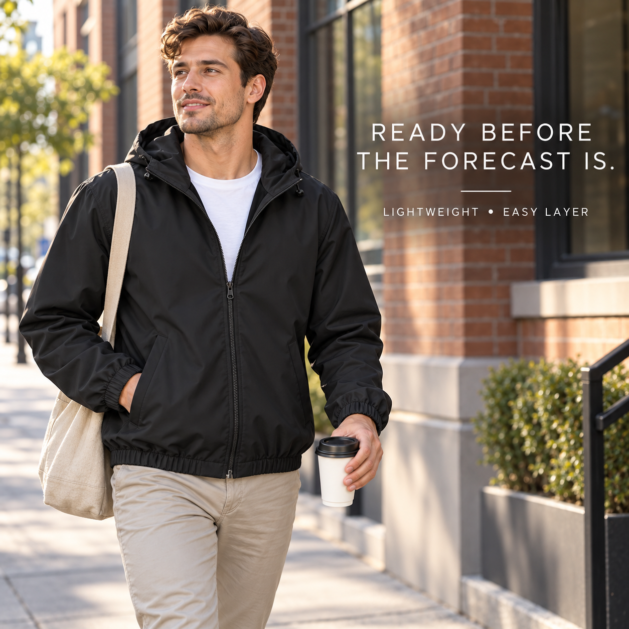 Black lightweight hooded windbreaker for a city commute