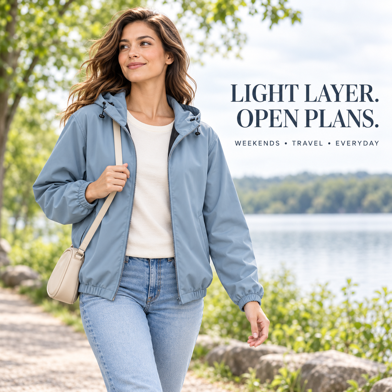 Dusty Blue lightweight hooded windbreaker for a weekend walk