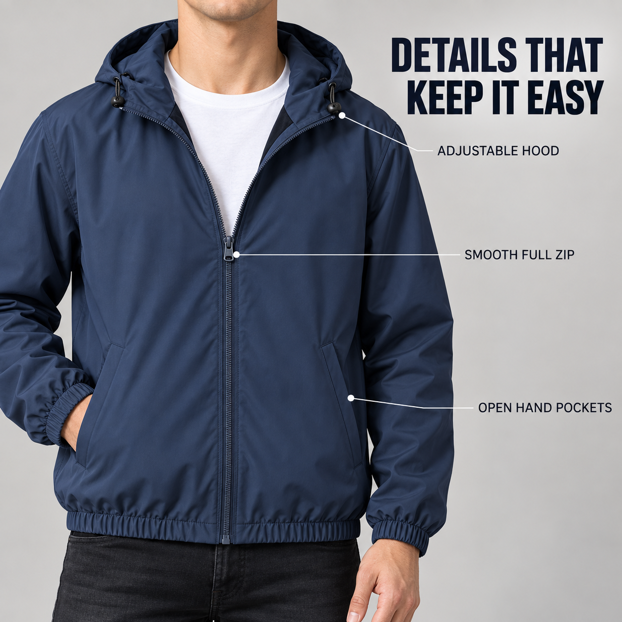 Adjustable fixed hood full zipper and open hand pockets