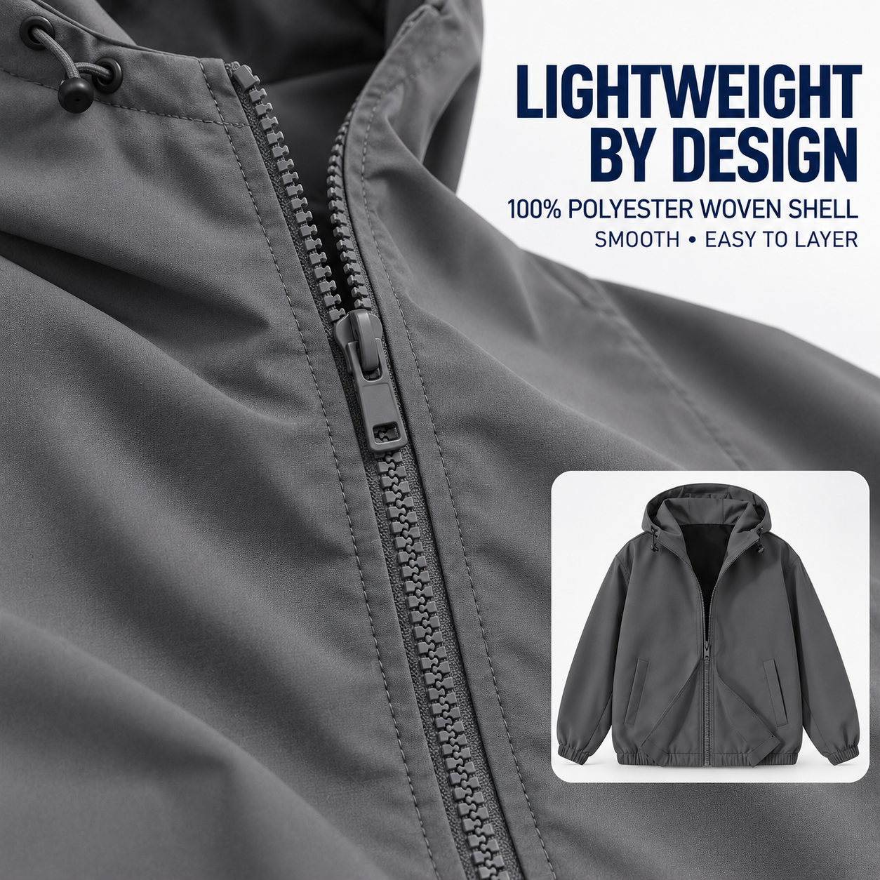 Lightweight 100 percent polyester woven shell and full zipper