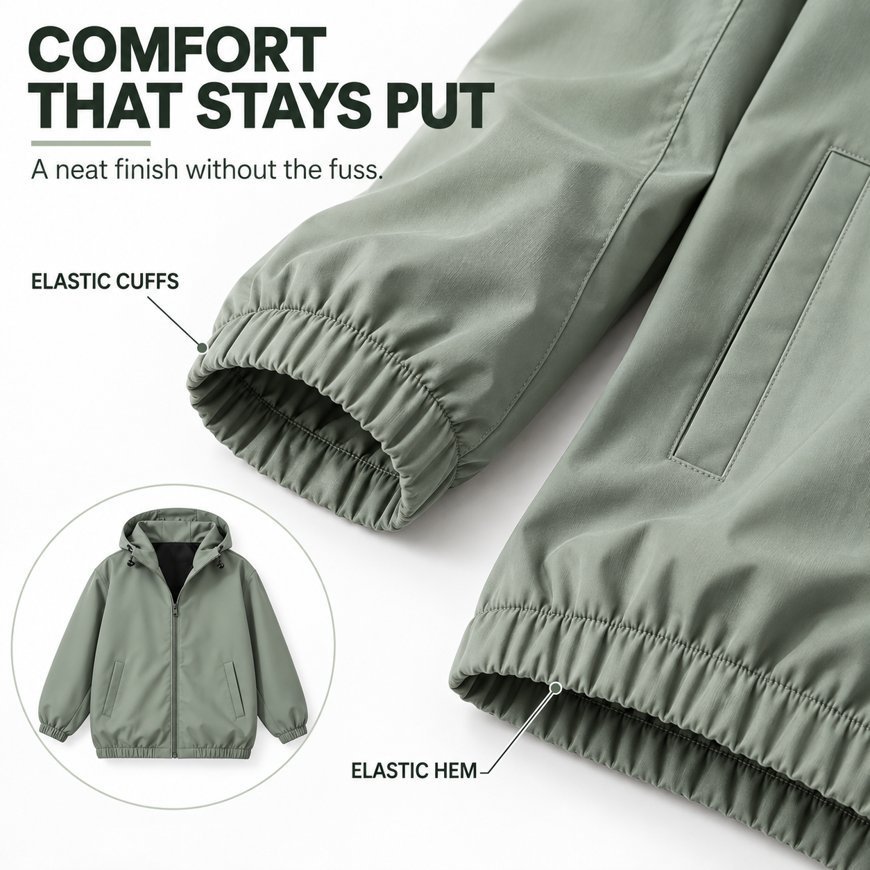 Elastic cuffs and elastic bottom hem construction