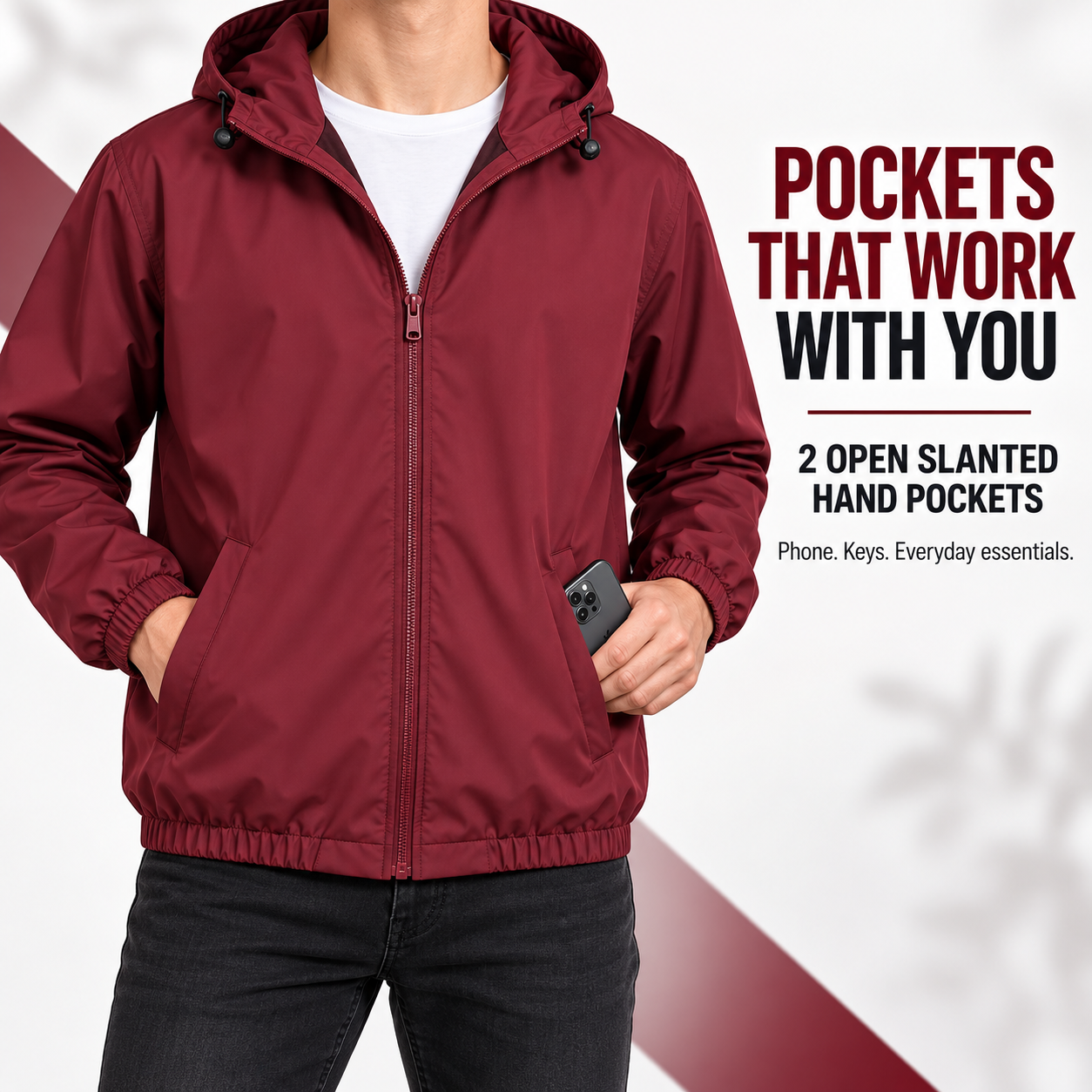 Two open slanted hand pockets holding everyday essentials