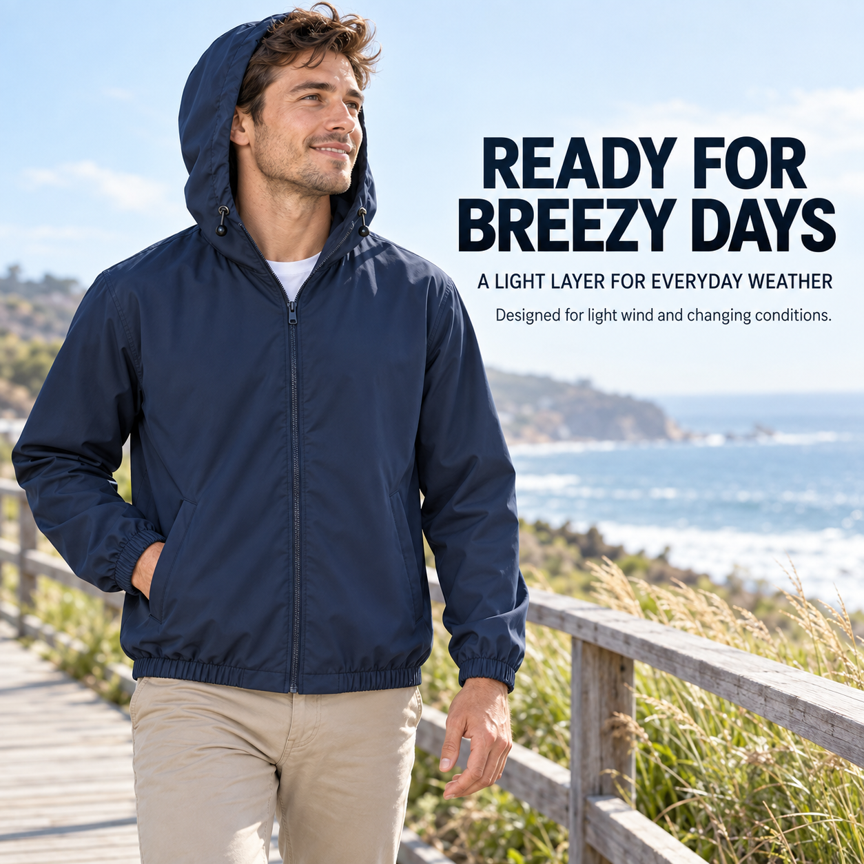 Navy lightweight hooded windbreaker for breezy everyday weather