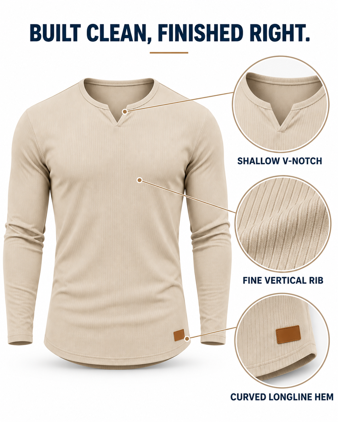 V-notch, fine rib, sleeve and curved hem construction details