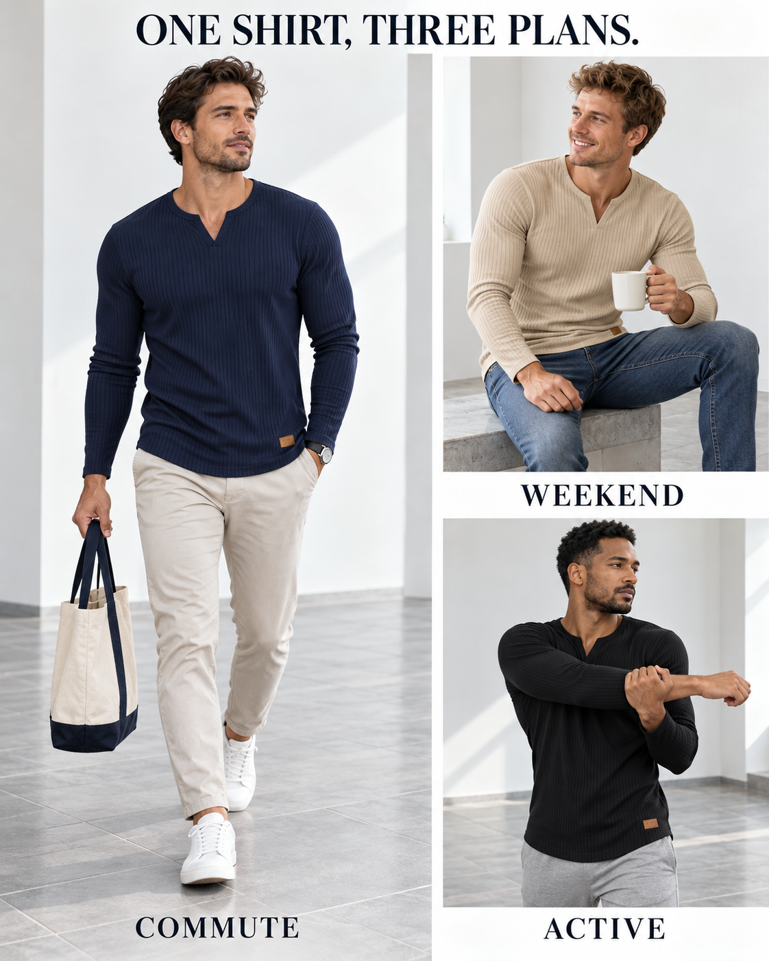 Commute, weekend and light warm-up styling scenes