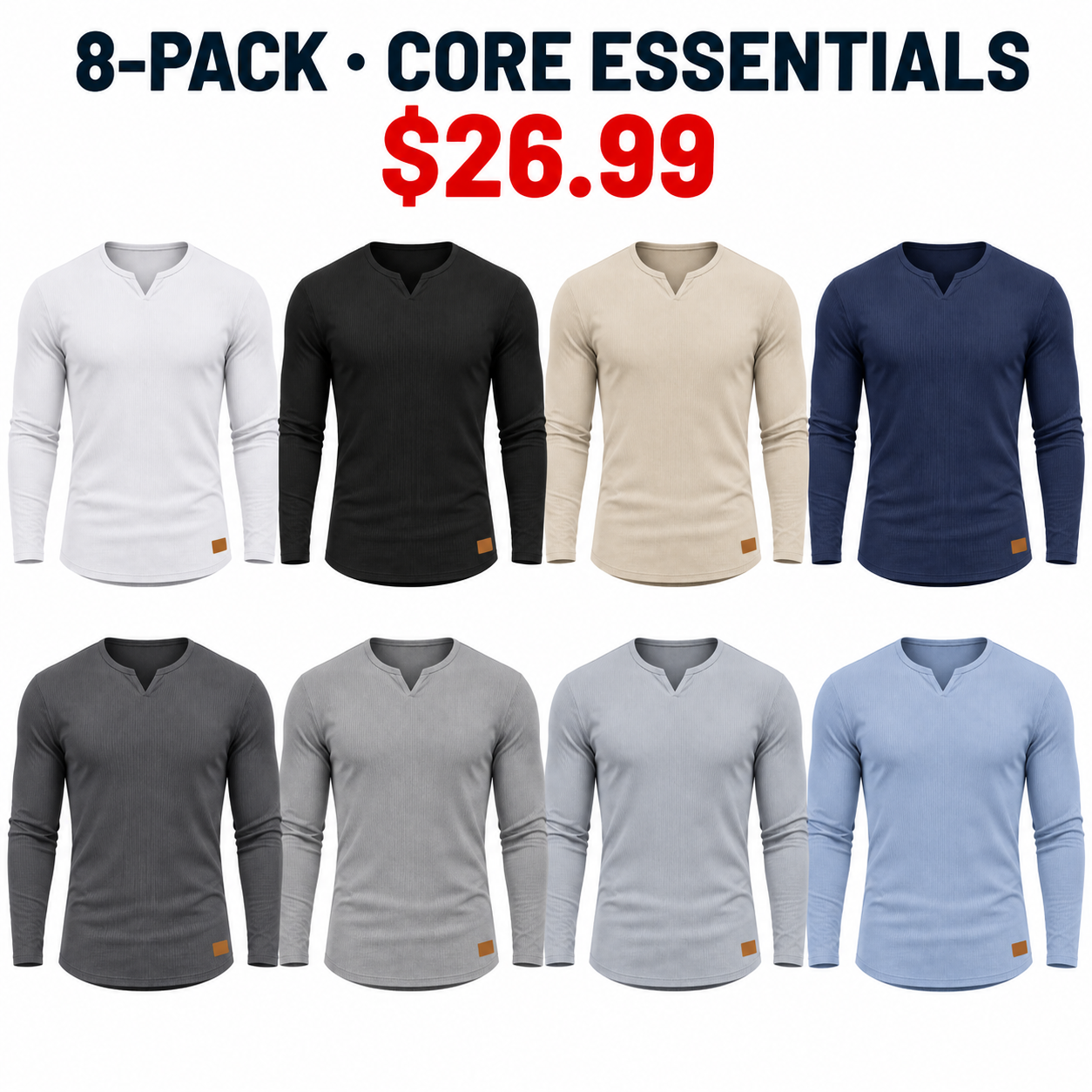 Core Essentials eight-pack of long-sleeve ribbed V-neck T-shirts, $26.99