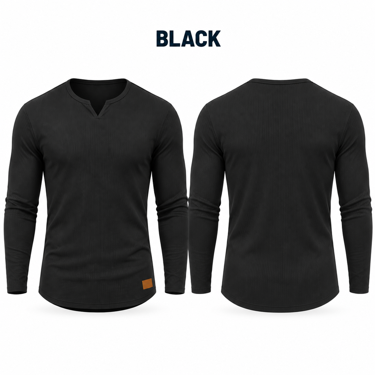Single Black long-sleeve ribbed V-neck muscle T-shirt, front and back