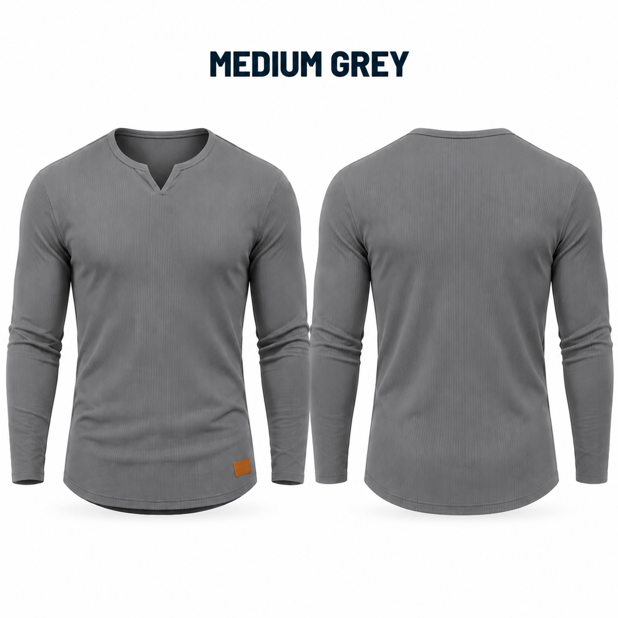 Single Medium Grey long-sleeve ribbed V-neck muscle T-shirt, front and back