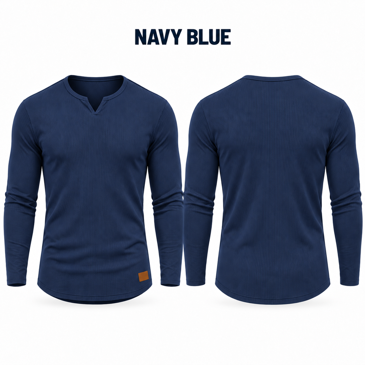 Single Navy Blue long-sleeve ribbed V-neck muscle T-shirt, front and back