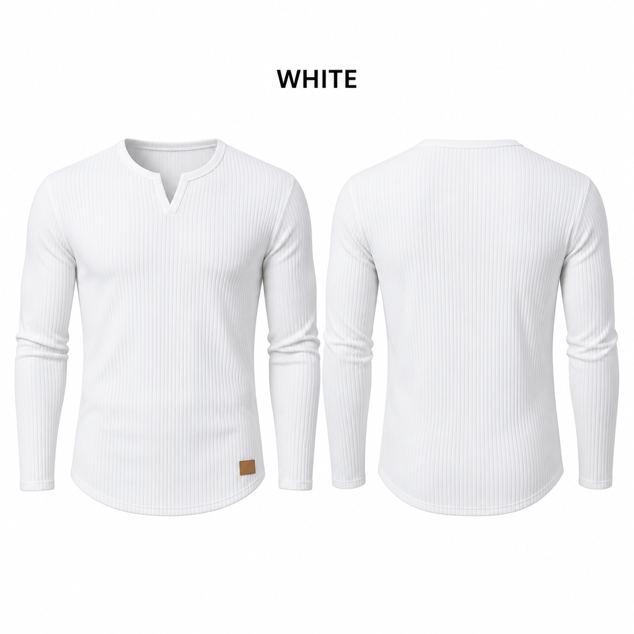 Single White long-sleeve ribbed V-neck muscle T-shirt, front and back