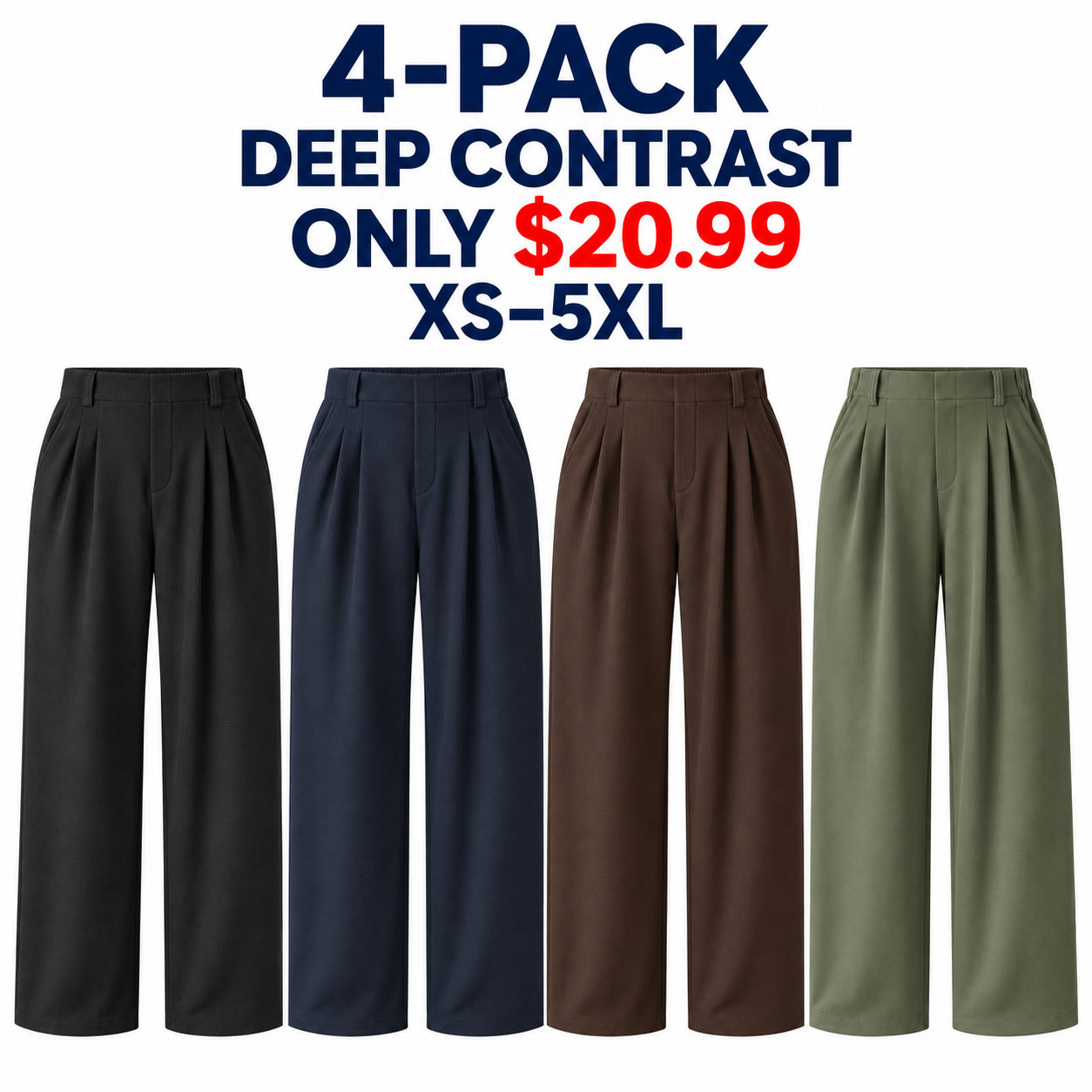Black, Dark Blue, Delicioso and Loden Green waffle wide-leg work pants, 4-Pack Deep Contrast, $20.99