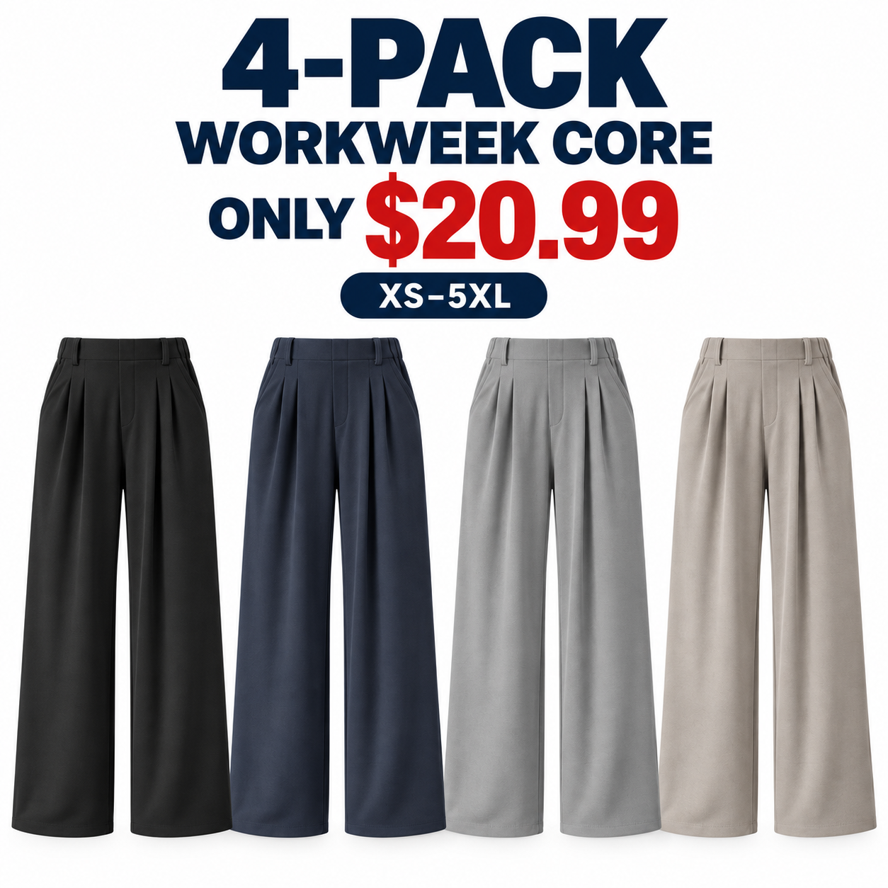 Black, Dark Blue, Weathervane and Mink Ash waffle wide-leg work pants, 4-Pack Workweek Core, $20.99