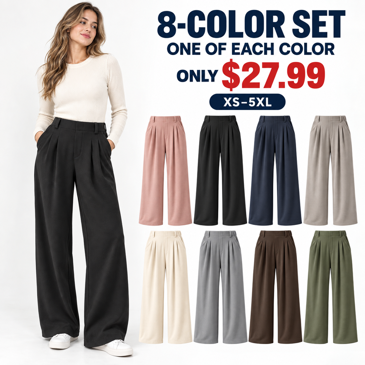 Eight-color set of women high-waisted waffle wide-leg work pants, 8-Pack All Colors, $27.99