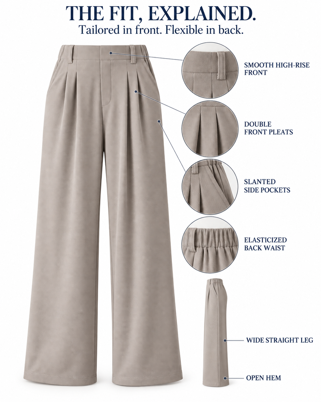 High-rise front, pleats, pockets, flexible back waist, wide leg and open hem