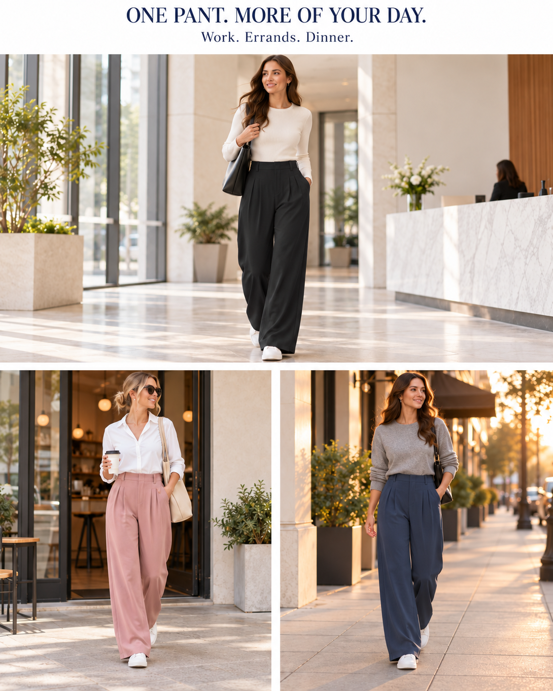 Office, errands and dinner styling in a clean editorial layout