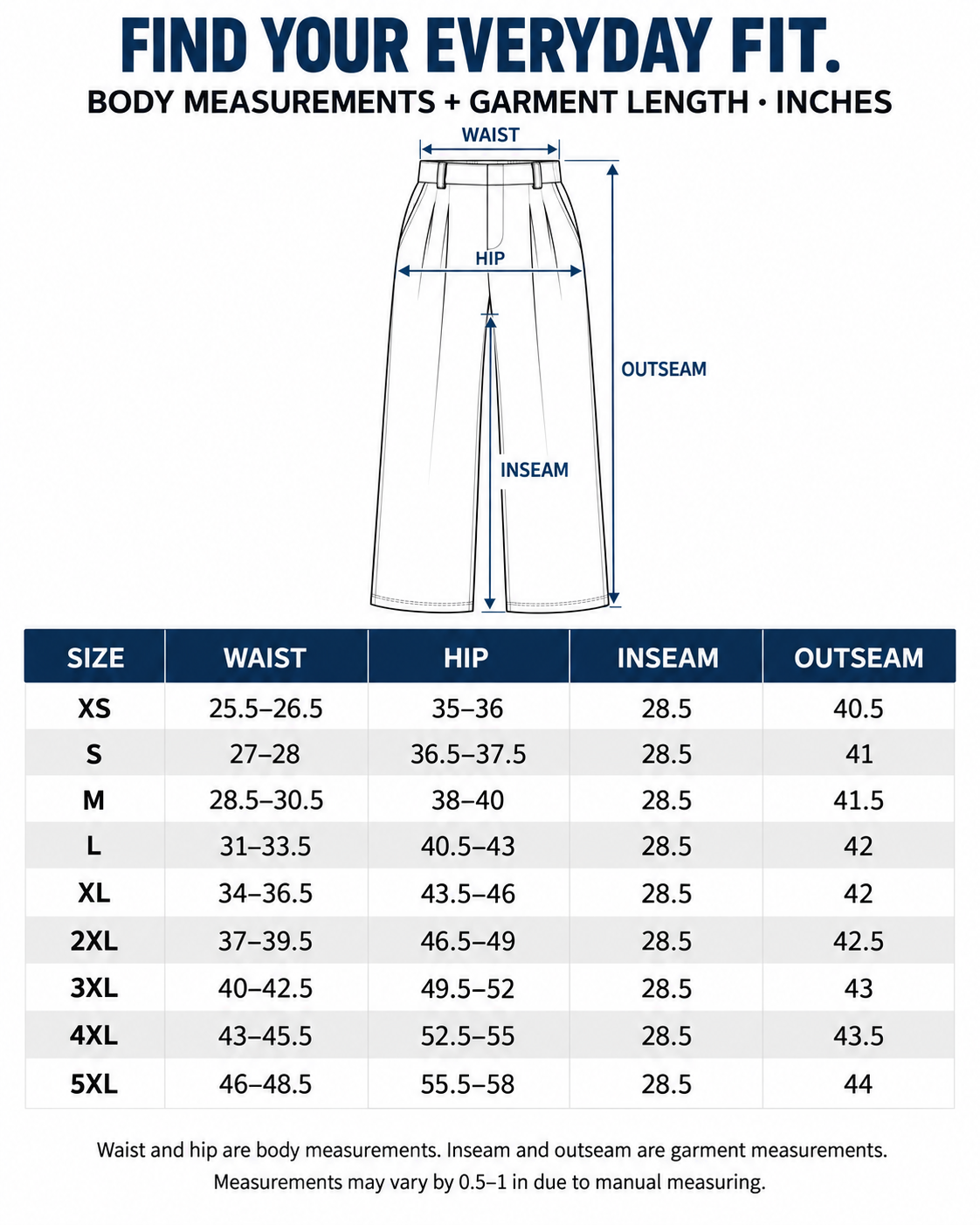 XS to 5XL size chart and measurement guide in inches