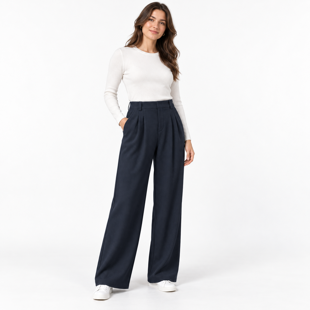 Female model wearing Dark Blue high-waisted waffle wide-leg work pants, front fit