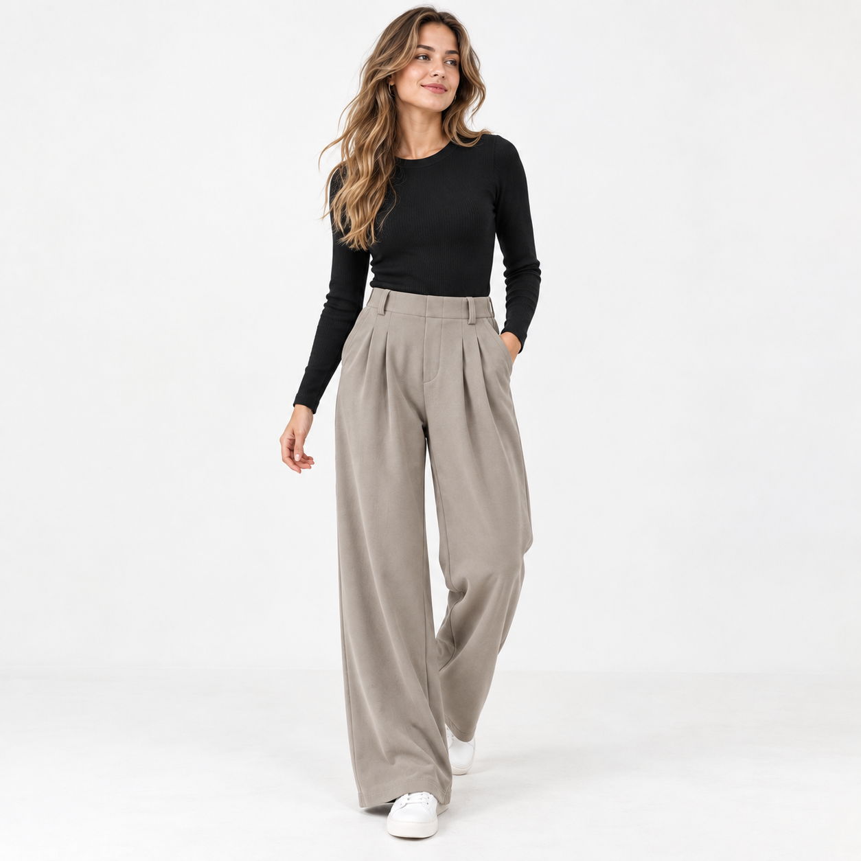 Female model walking in Mink Ash high-waisted waffle wide-leg work pants