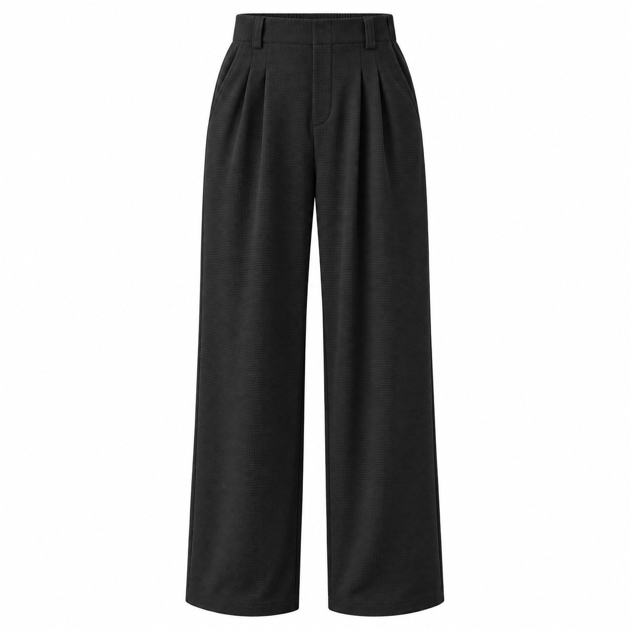 Black high-waisted waffle wide-leg work pants, front and back product views