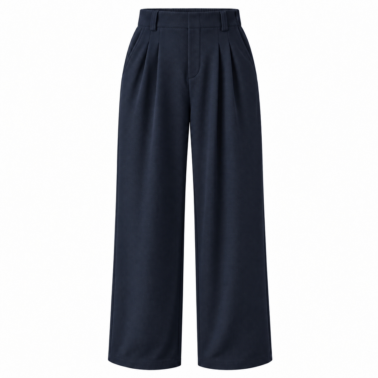 Dark Blue high-waisted waffle wide-leg work pants, front and back product views
