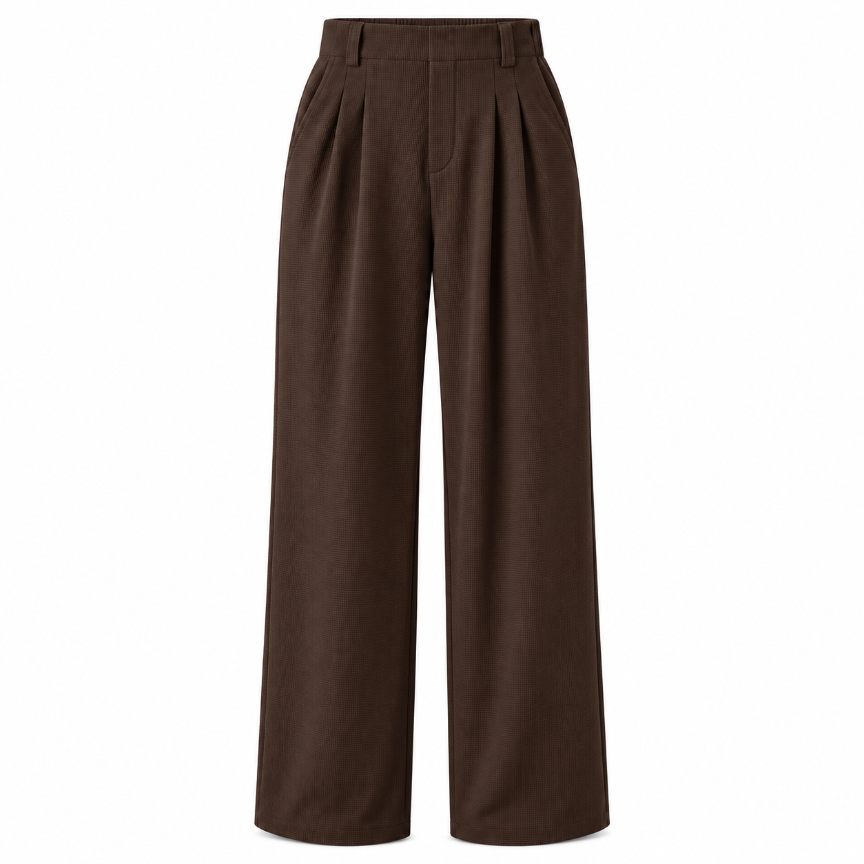 Delicioso espresso brown high-waisted waffle wide-leg work pants, front and back product views