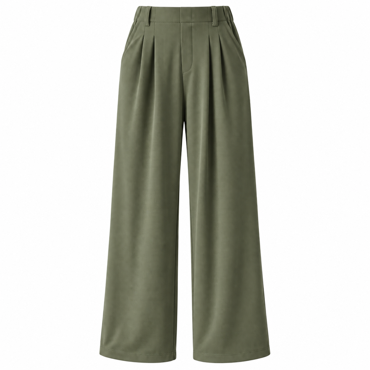Loden Green high-waisted waffle wide-leg work pants, front and back product views