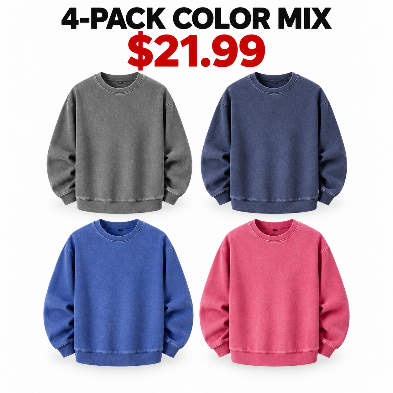 Gray navy royal blue and rose pink vintage wash crewneck sweatshirts, 4-Pack Color Mix, $21.99