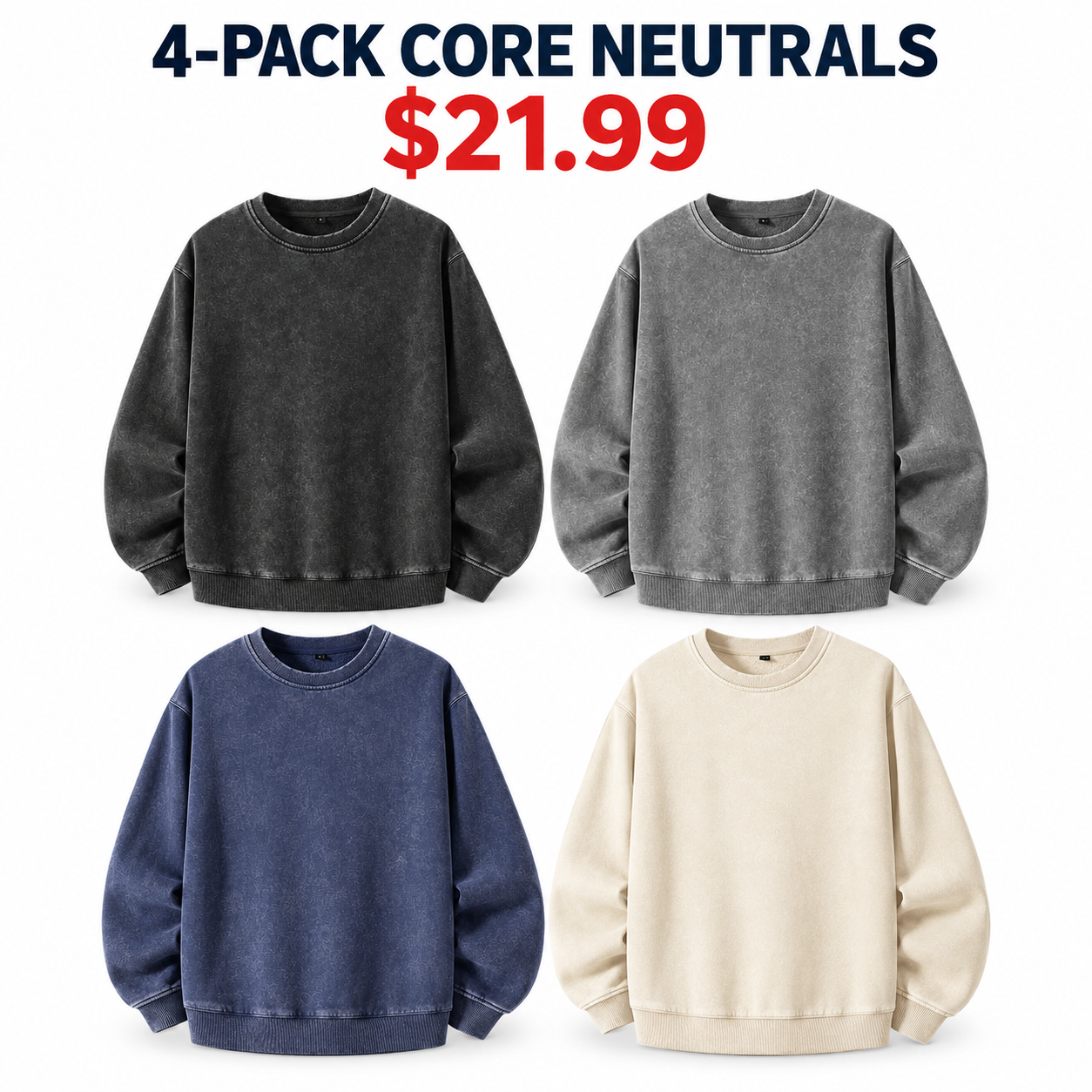 Black gray navy and cream vintage wash crewneck sweatshirts, 4-Pack Core Neutrals, $21.99