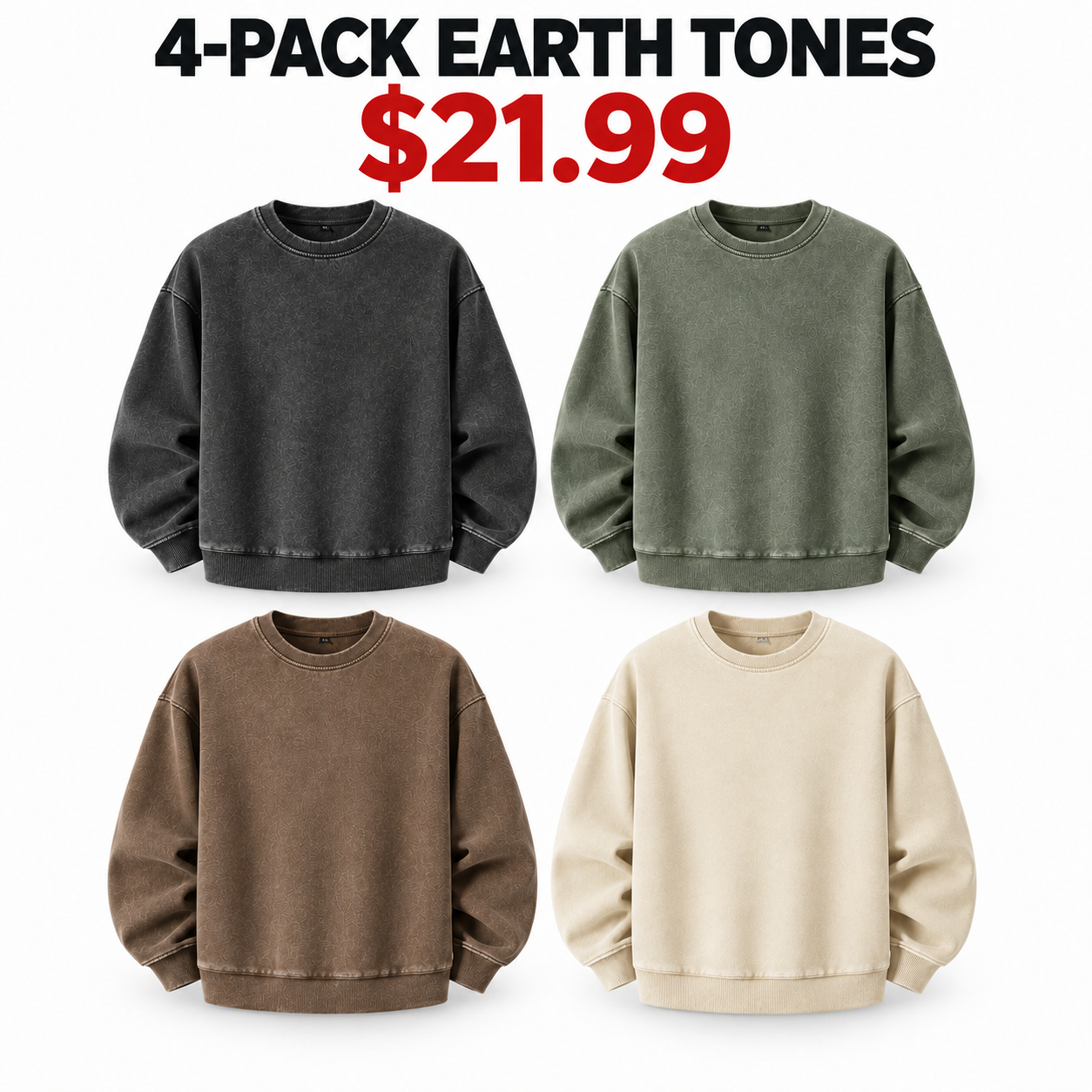 Black olive coffee brown and cream vintage wash crewneck sweatshirts, 4-Pack Earth Tones, $21.99