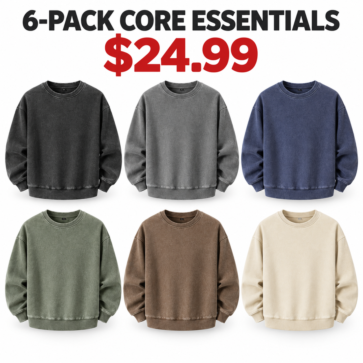 Black gray navy olive brown and cream vintage wash crewneck sweatshirts, 6-Pack Core Essentials, $24.99