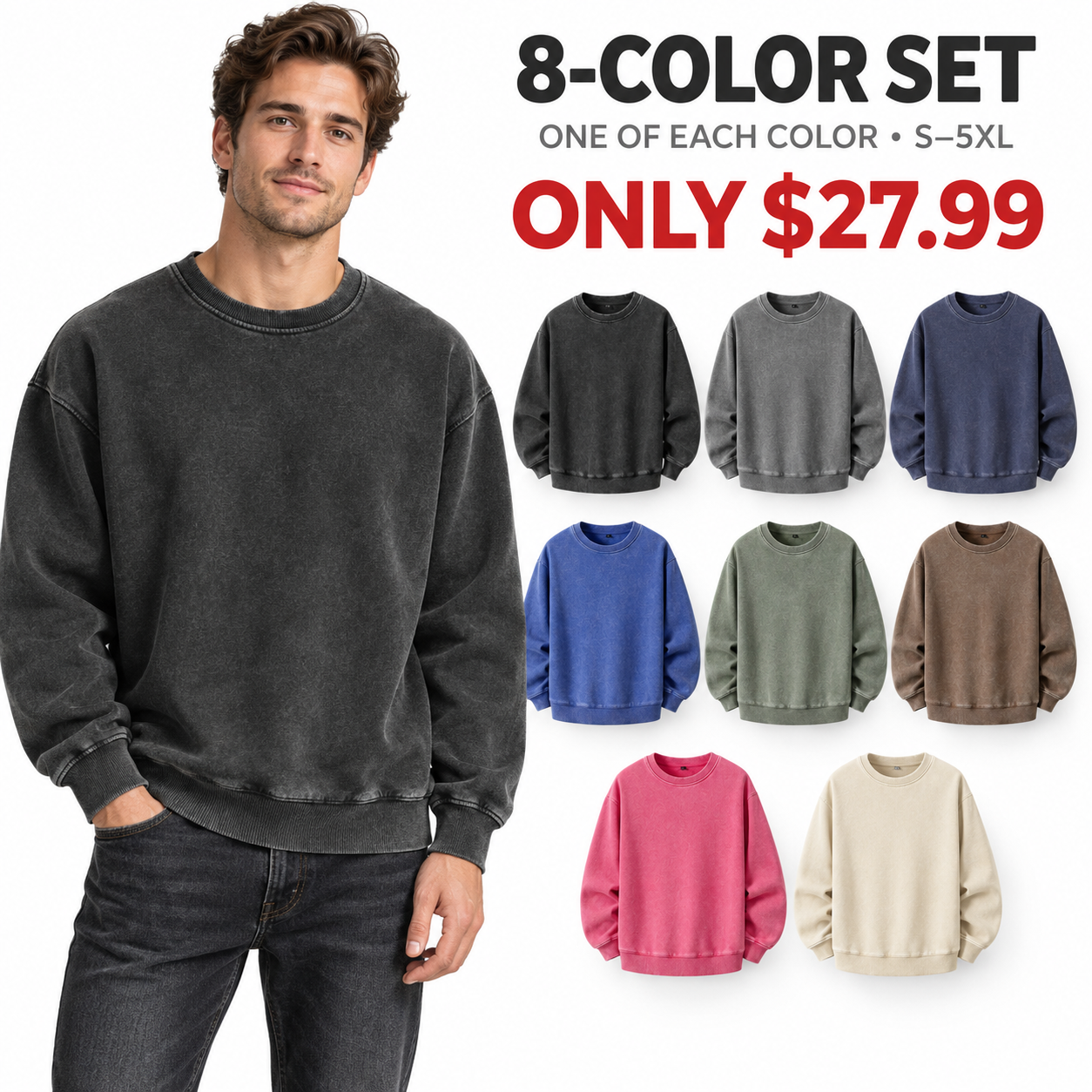 Vintage wash crewneck sweatshirts, 8-Pack All Colors, $27.99
