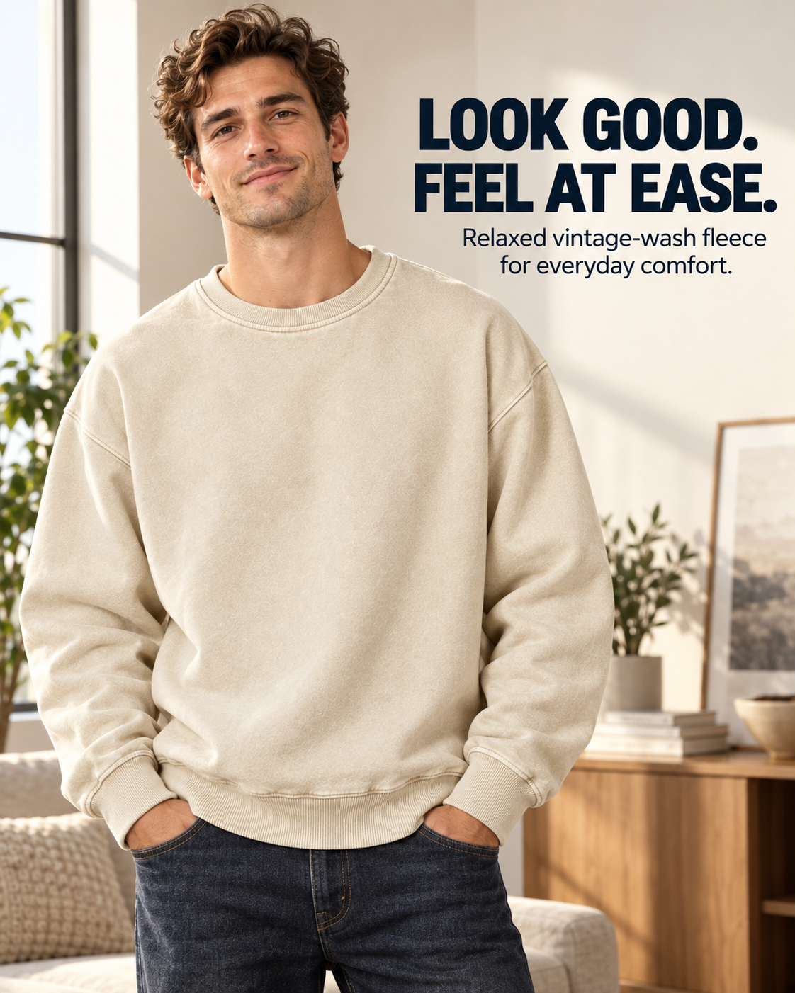 Relaxed vintage wash crewneck sweatshirt fit on male model