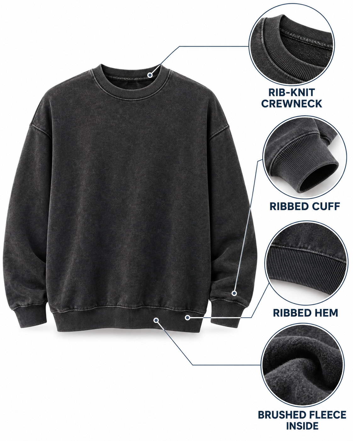 Crewneck cuff hem and brushed fleece construction callouts