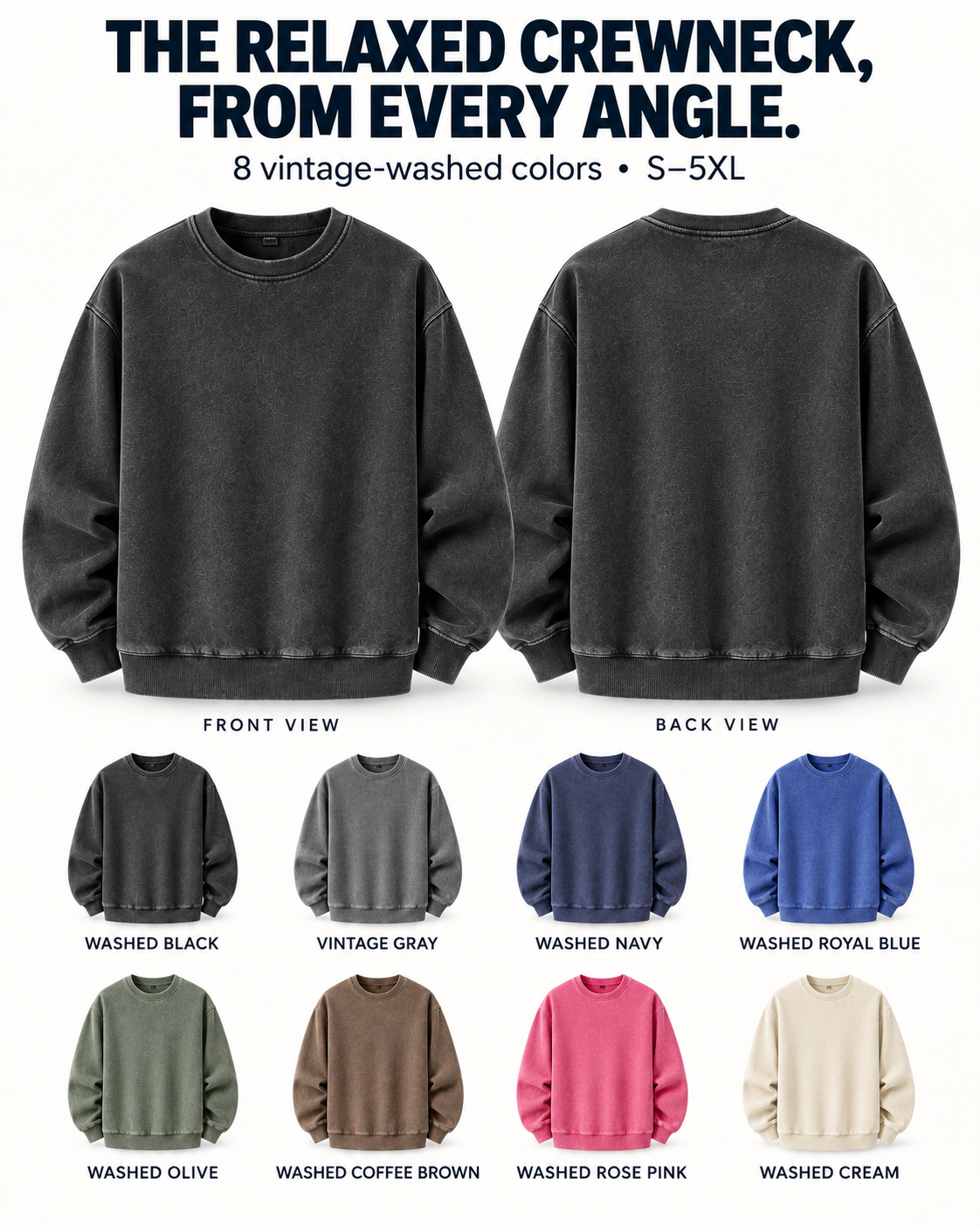 Front back and eight vintage wash crewneck sweatshirt colors