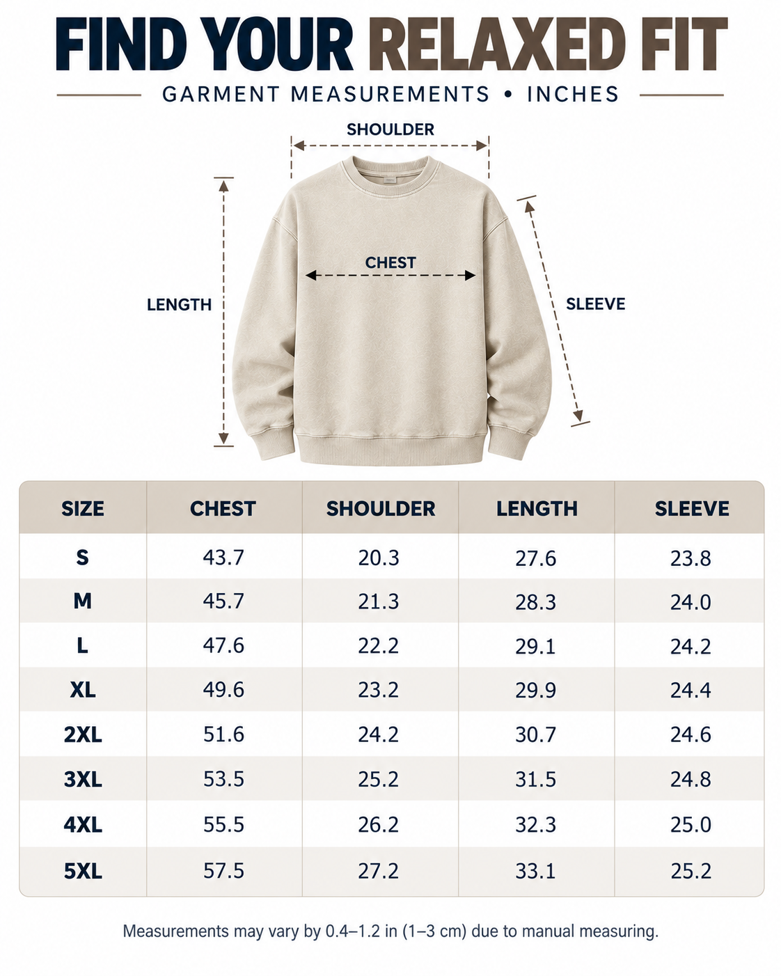 S to 5XL vintage wash crewneck sweatshirt garment size chart in inches