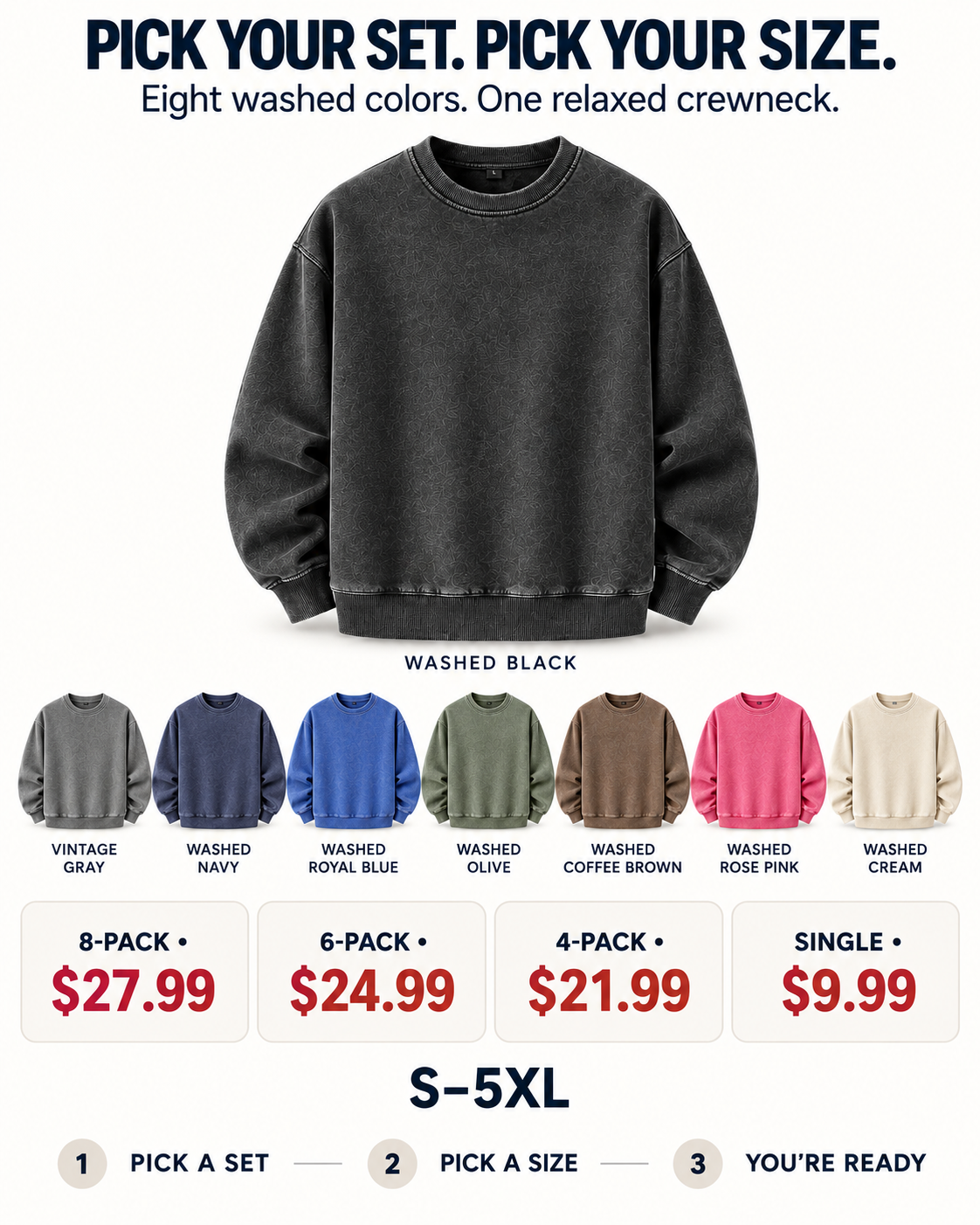 Vintage wash crewneck sweatshirt Pack and single purchase options