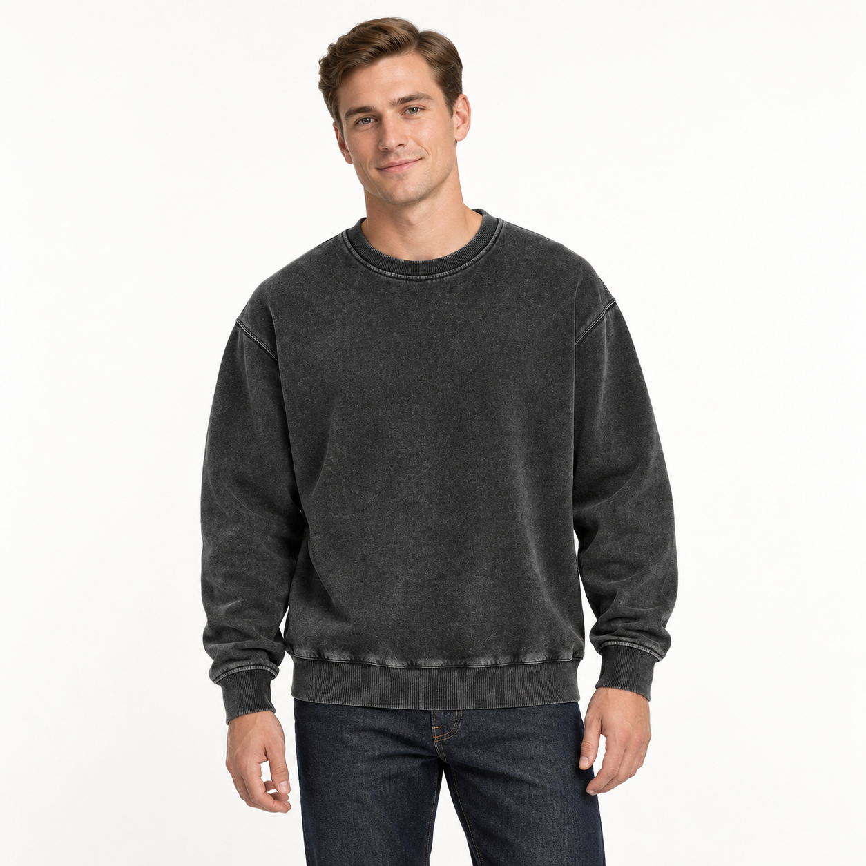 Male model front studio try-on of vintage wash crewneck sweatshirt