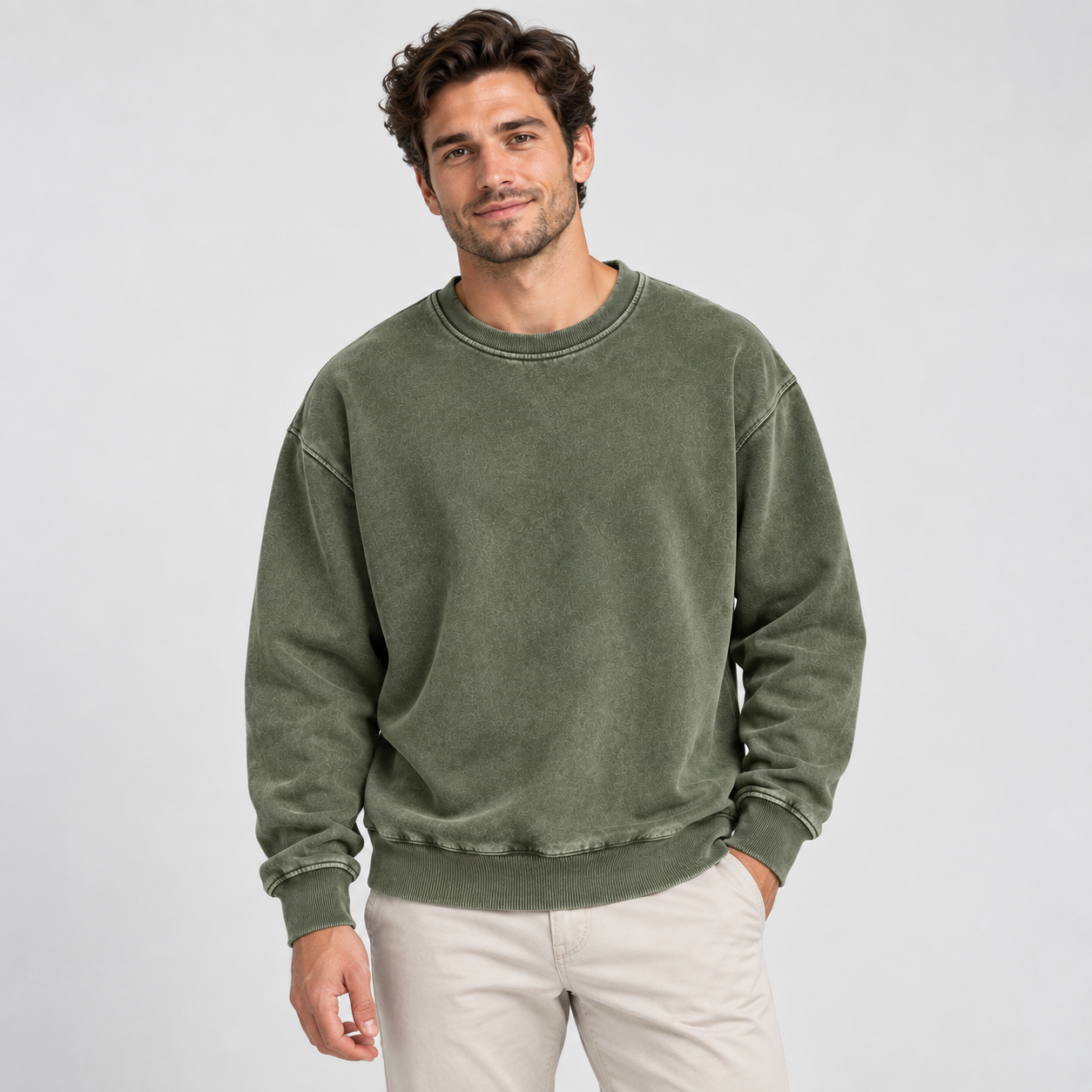 Male model alternate front studio try-on of vintage wash crewneck sweatshirt