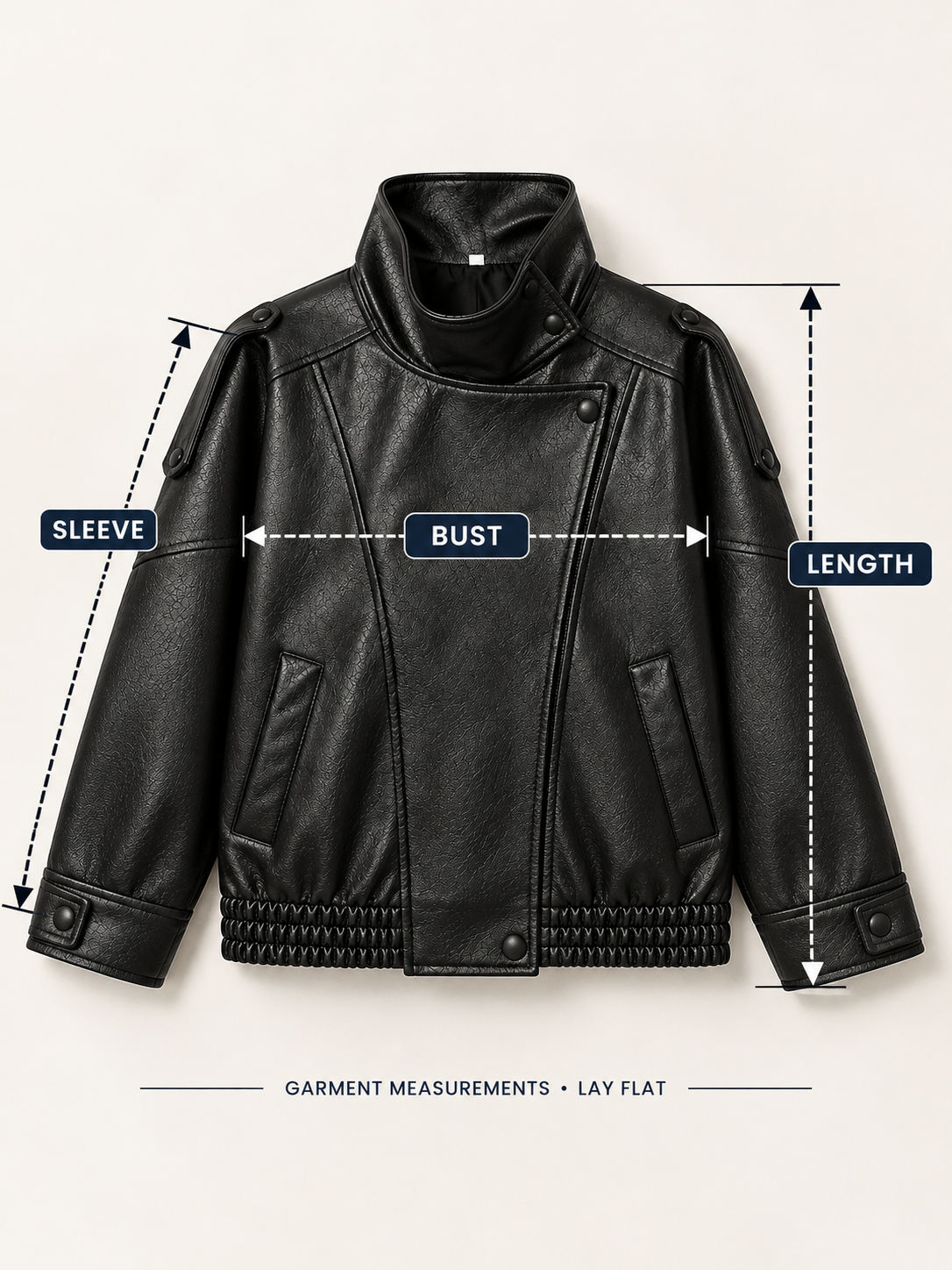 Lay-flat jacket garment measurement diagram for bust, sleeve and length