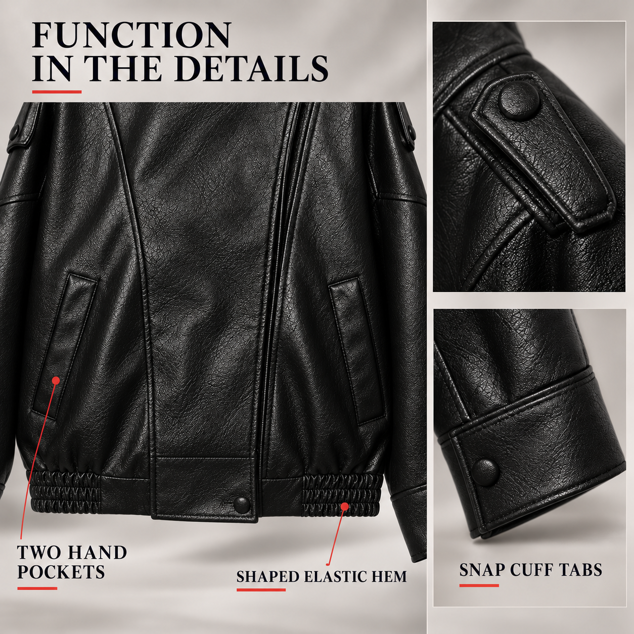Faux-leather jacket hand pockets, shoulder tab, cuff tab and shaped elastic hem details