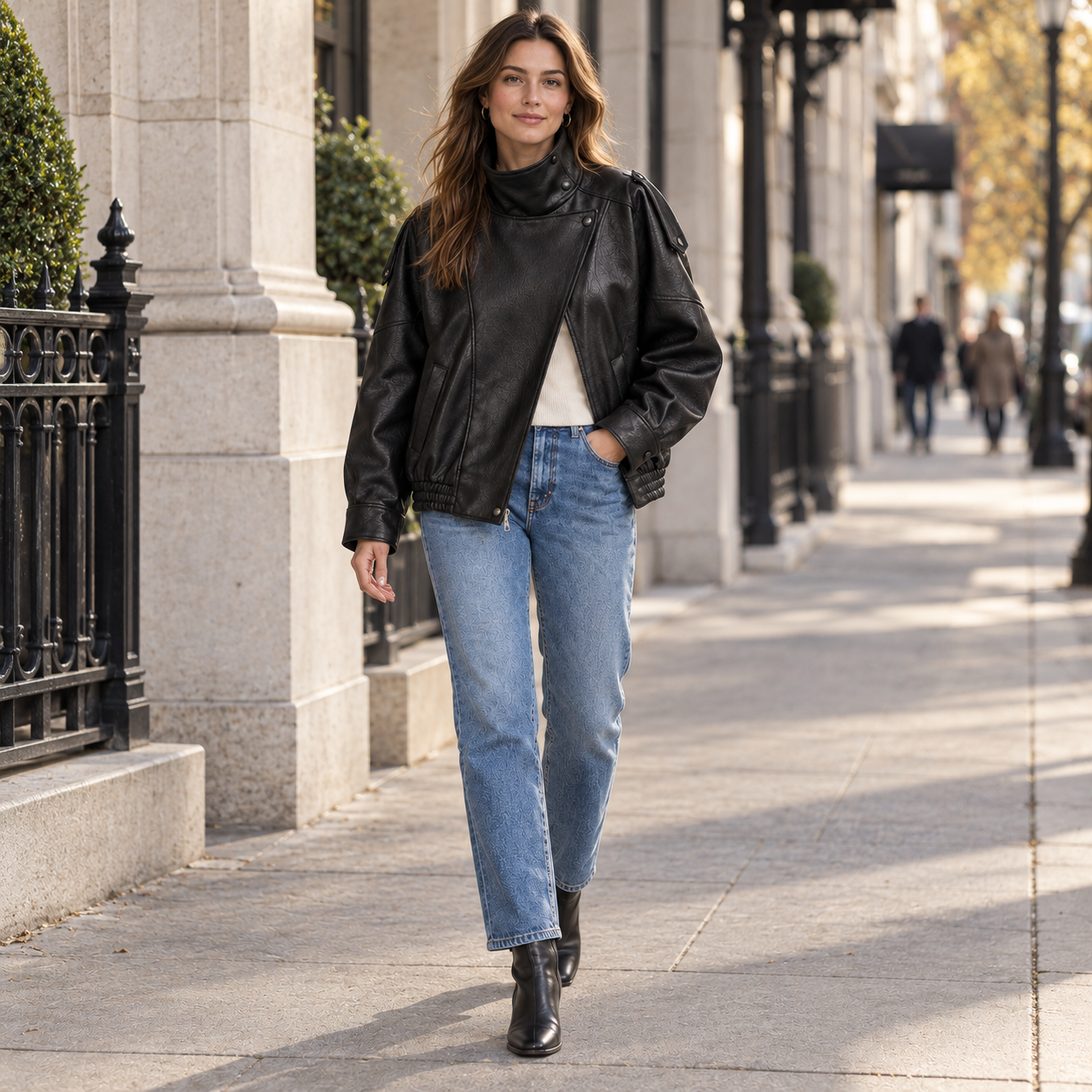 Woman wearing the Black stand-collar faux-leather jacket in a natural city street front view